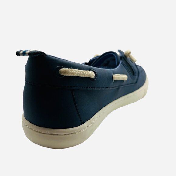 Boys Navy Boat Shoes Slip On Faux Leather Moc Toe Loafers Padded Collar Size 6 - Picture 6 of 7